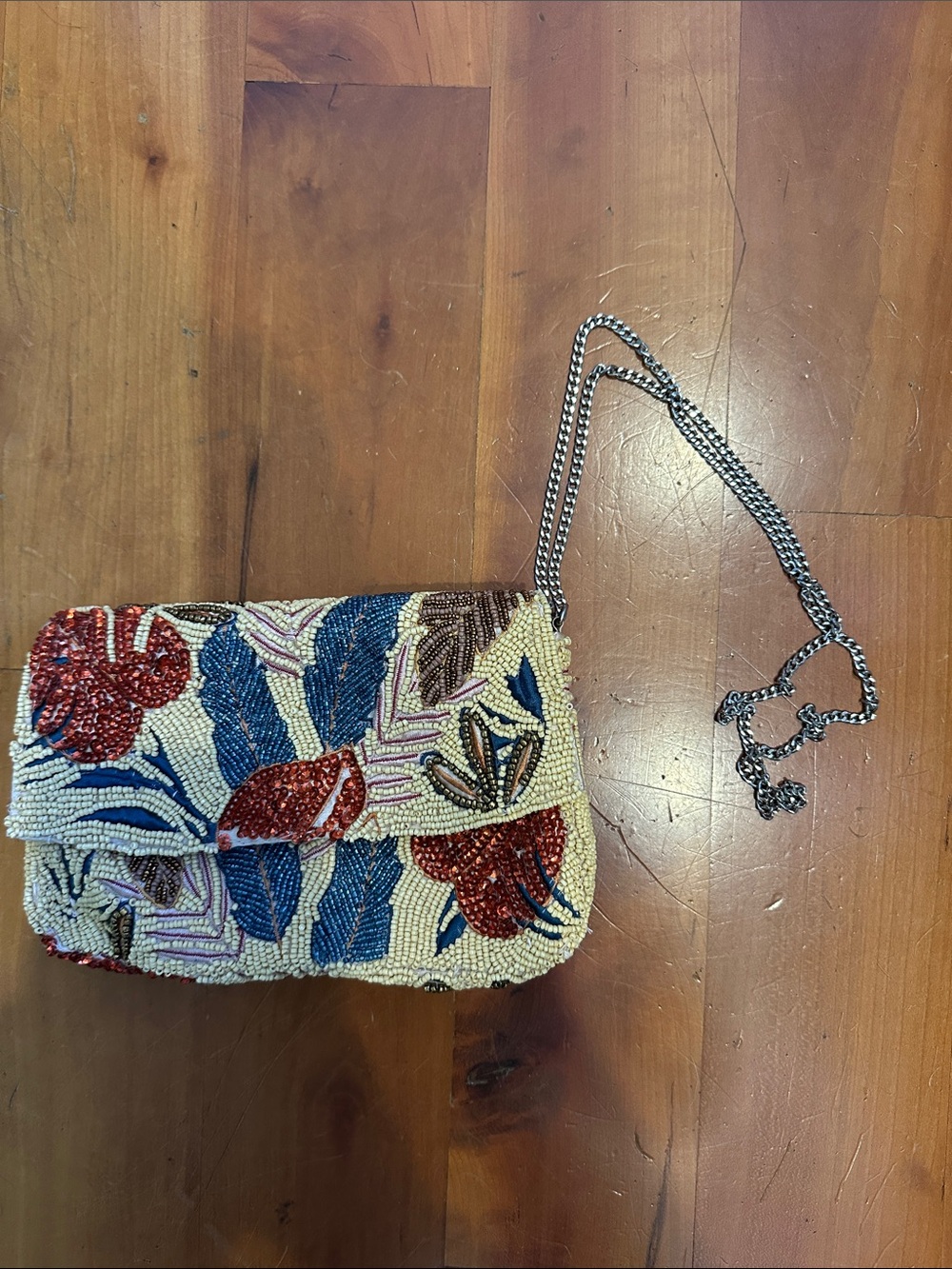 Beaded Floral Crossbody Bag in Red, Blue & Cream